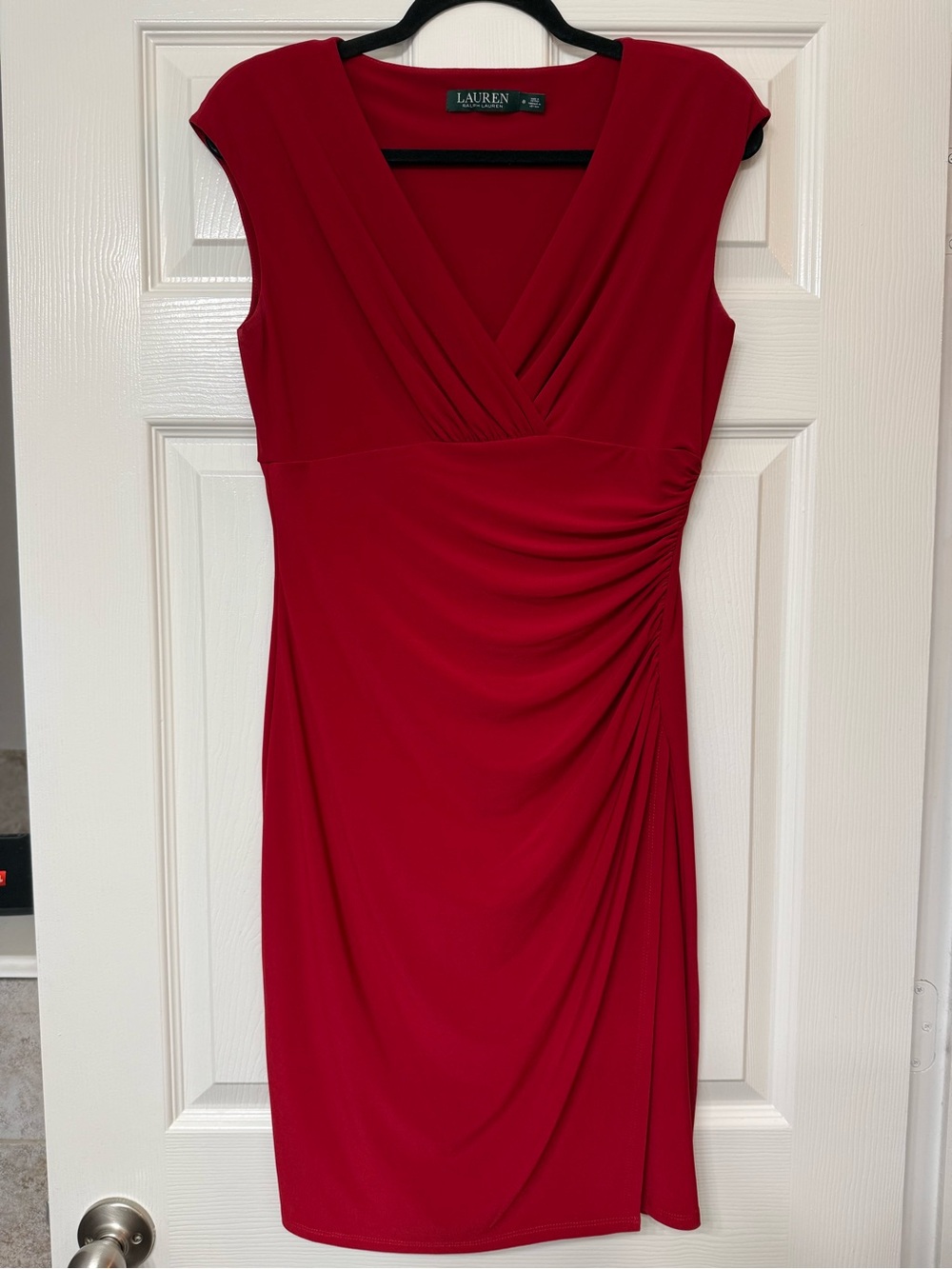Ralph Lauren Red V-Neck Ruched Sheath Dress